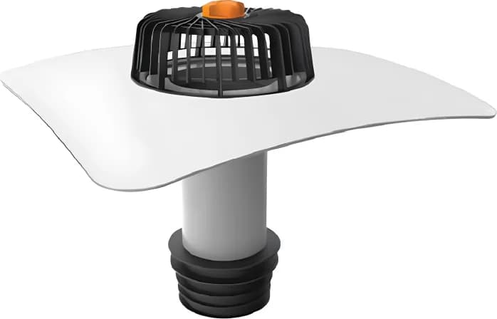 Vertical flat-roof drain with an integrated PVC membrane collar and leaf basket